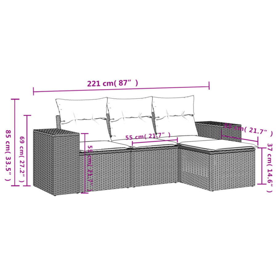 4-delige Loungeset met kussens poly rattan zwart - Afbeelding 7