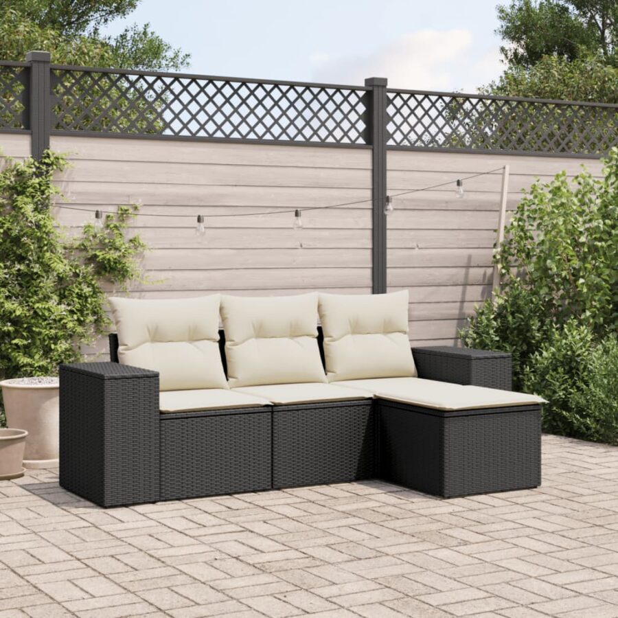 4-delige Loungeset met kussens poly rattan zwart