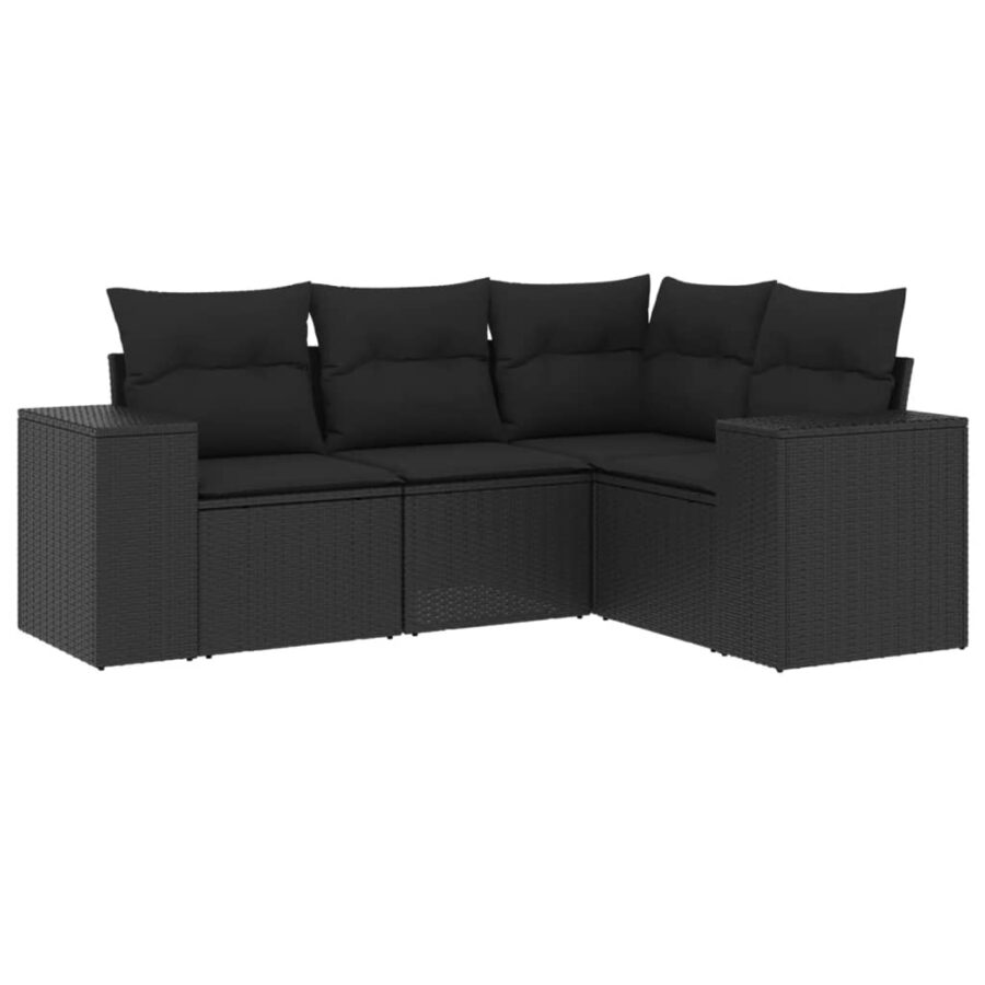 4-delige Loungeset met kussens poly rattan zwart - Afbeelding 2