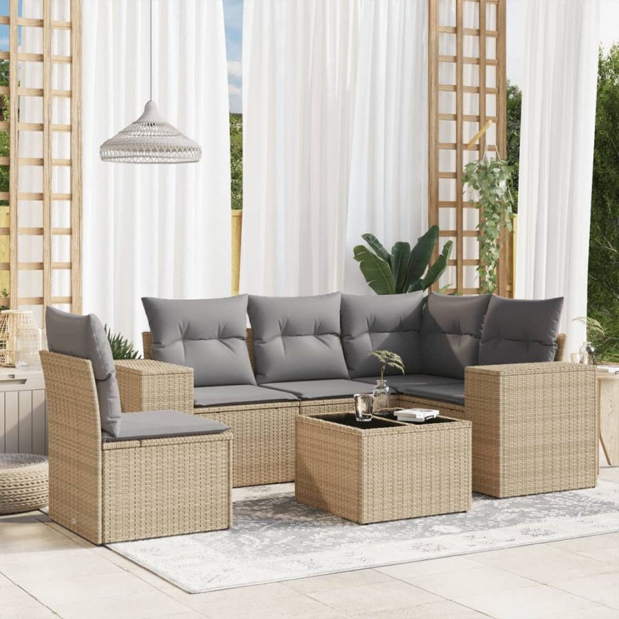 6-delige Loungeset met kussens poly rattan beige