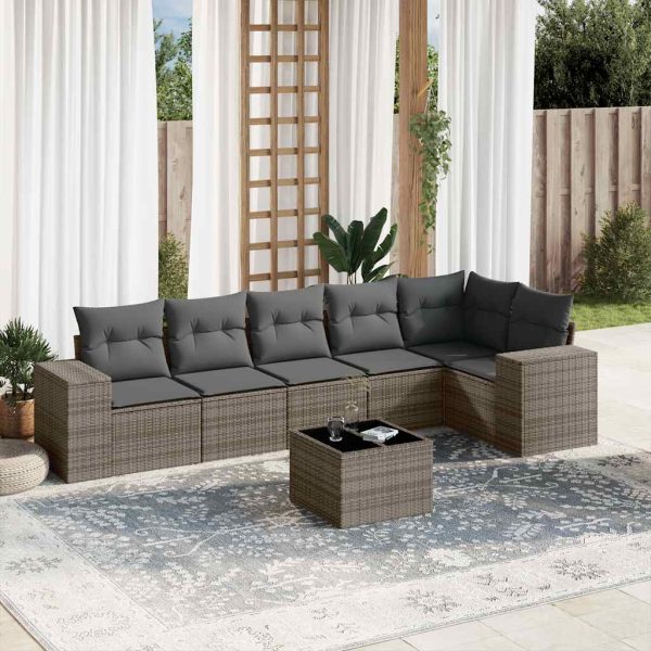 7-delige Loungeset met kussens poly rattan grijs