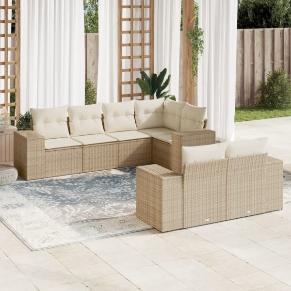7-delige Loungeset met kussens poly rattan beige