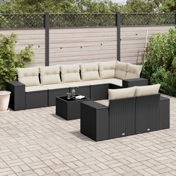 9-delige Loungeset met kussens poly rattan zwart
