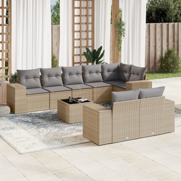 9-delige Loungeset met kussens poly rattan beige