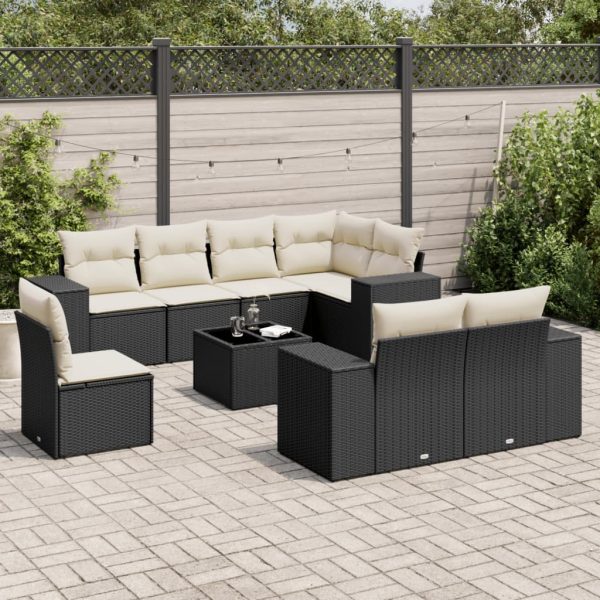 9-delige Loungeset met kussens poly rattan zwart