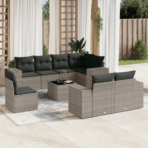 9-delige Loungeset met kussens poly rattan grijs