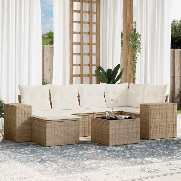 7-delige Loungeset met kussens poly rattan beige