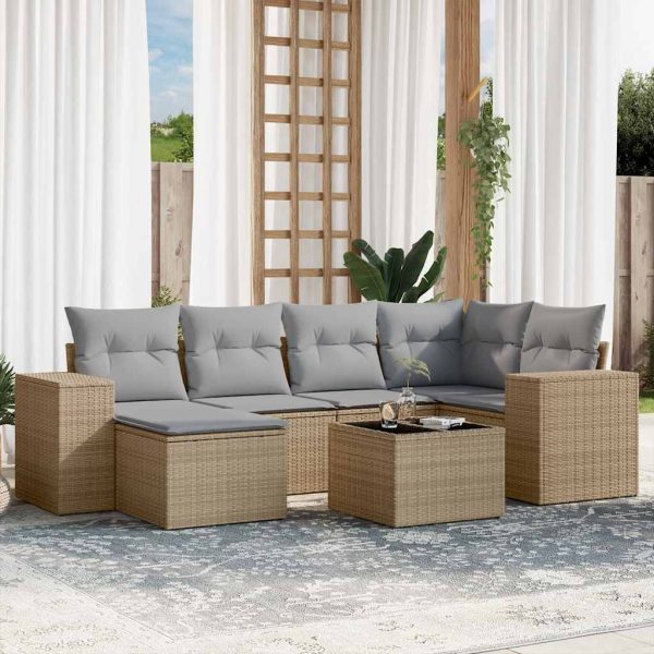 7-delige Loungeset met kussens poly rattan beige