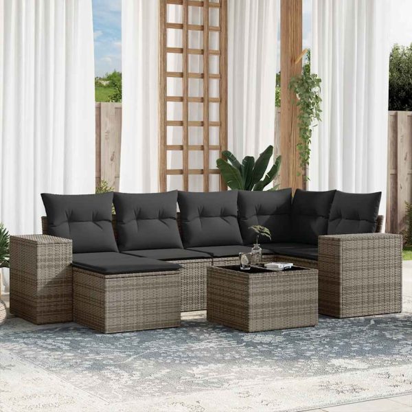 7-delige Loungeset met kussens poly rattan grijs