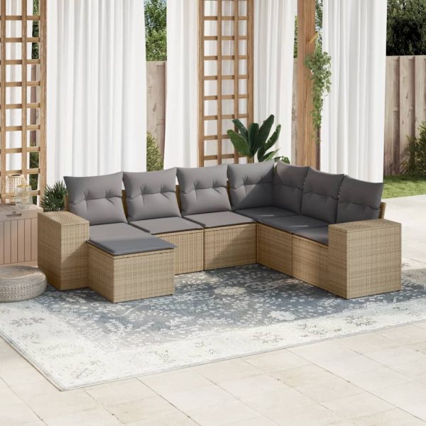7-delige Loungeset met kussens poly rattan beige