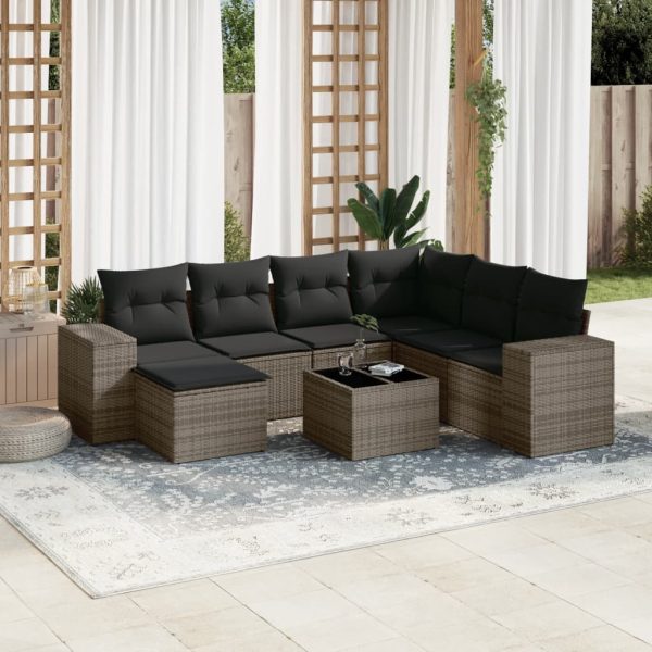 8-delige Loungeset met kussens poly rattan grijs