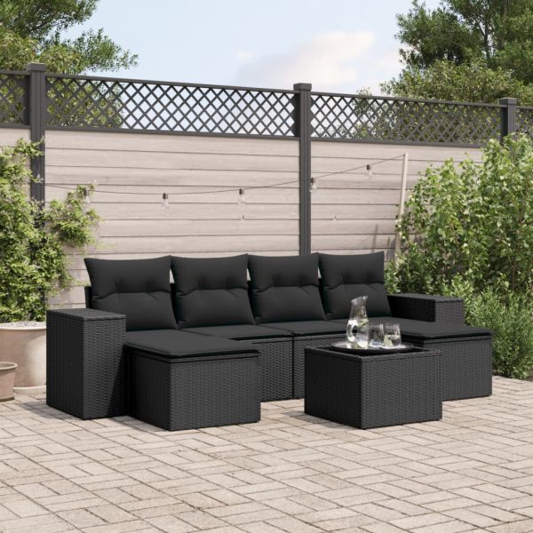 7-delige Loungeset met kussens poly rattan zwart