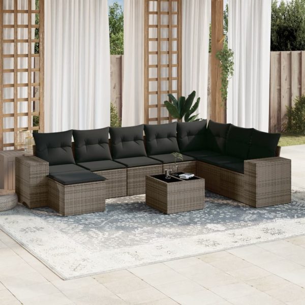 9-delige Loungeset met kussens poly rattan grijs
