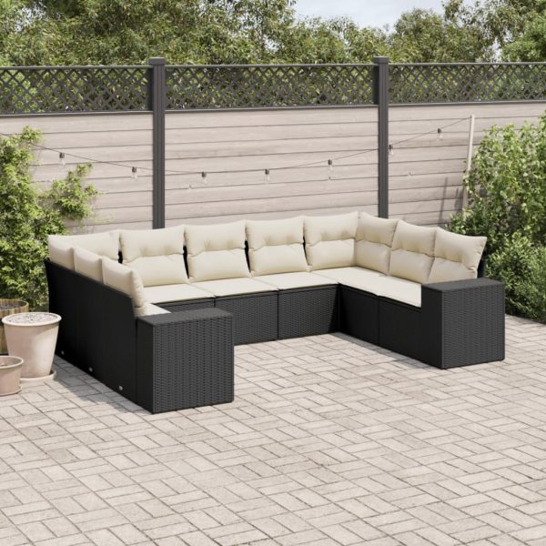 9-delige Loungeset met kussens poly rattan zwart