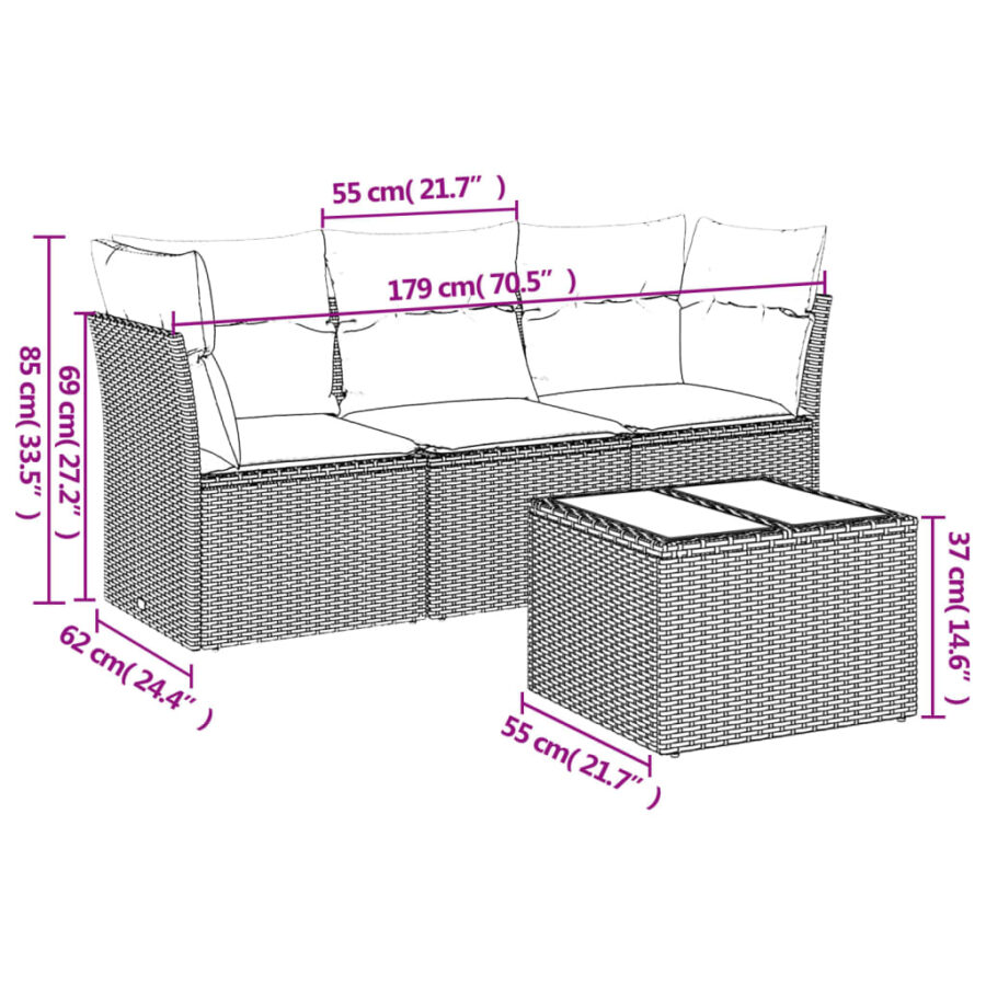 4-delige Loungeset met kussens poly rattan grijs - Afbeelding 3