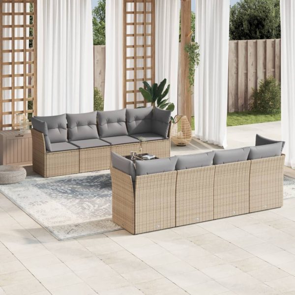 9-delige Loungeset met kussens poly rattan beige