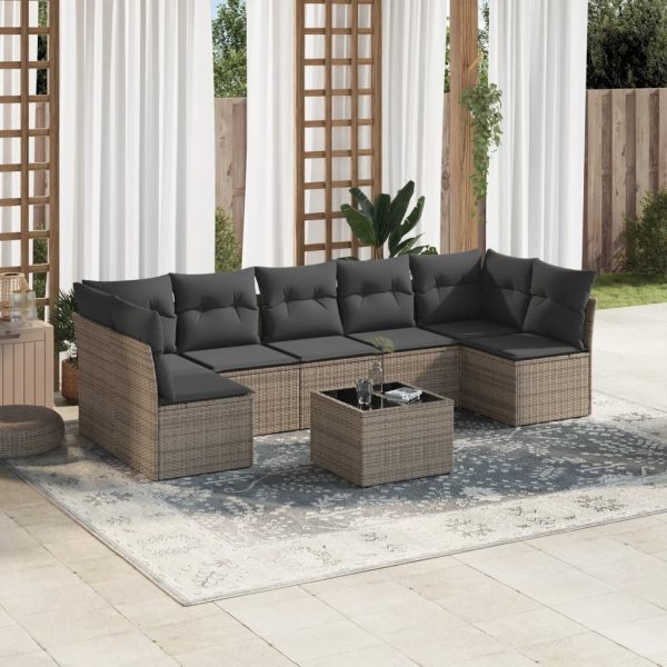 8-delige Loungeset met kussens poly rattan grijs