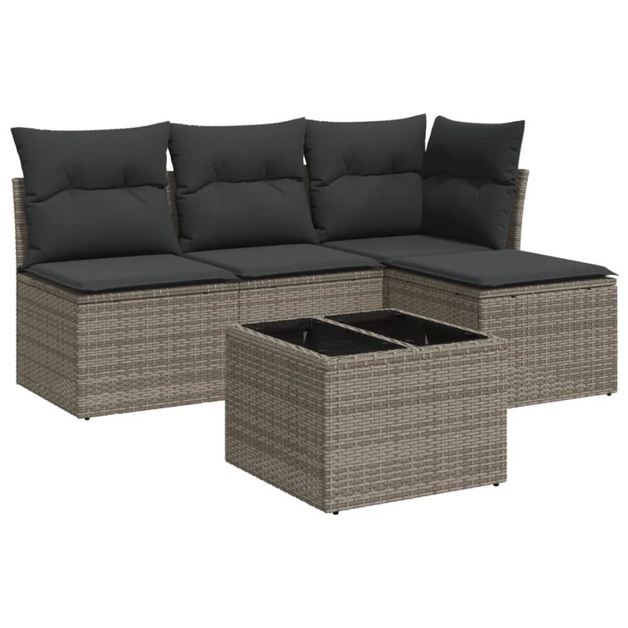 5-delige Loungeset met kussens poly rattan grijs - Afbeelding 2