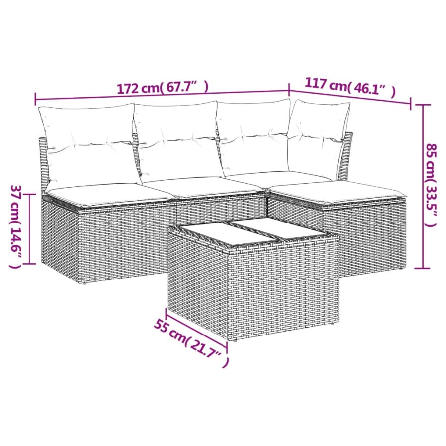 5-delige Loungeset met kussens poly rattan lichtgrijs - Afbeelding 3
