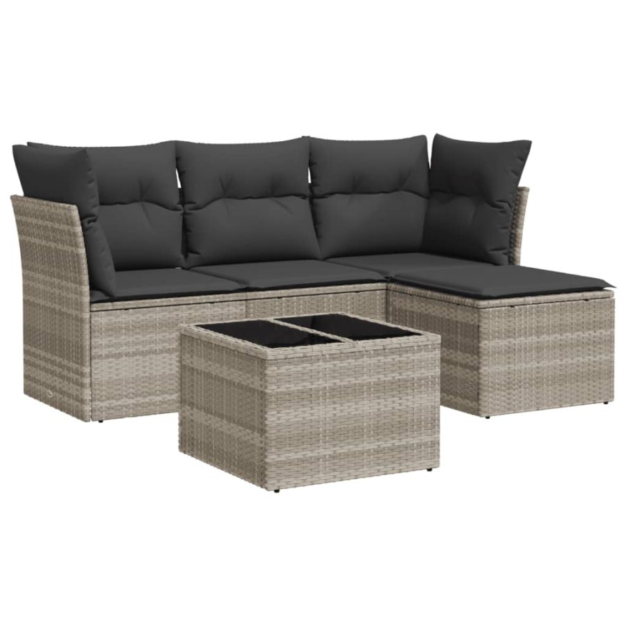5-delige Loungeset met kussens poly rattan lichtgrijs - Afbeelding 2