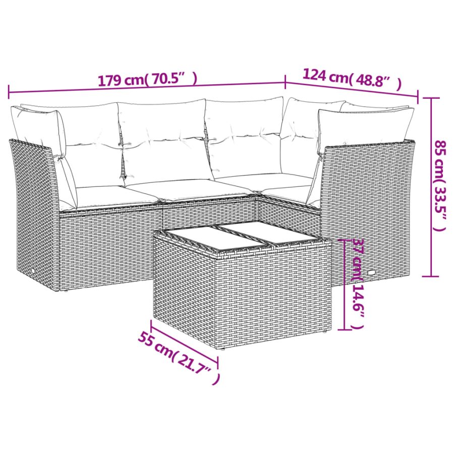 5-delige Loungeset met kussens poly rattan zwart - Afbeelding 3