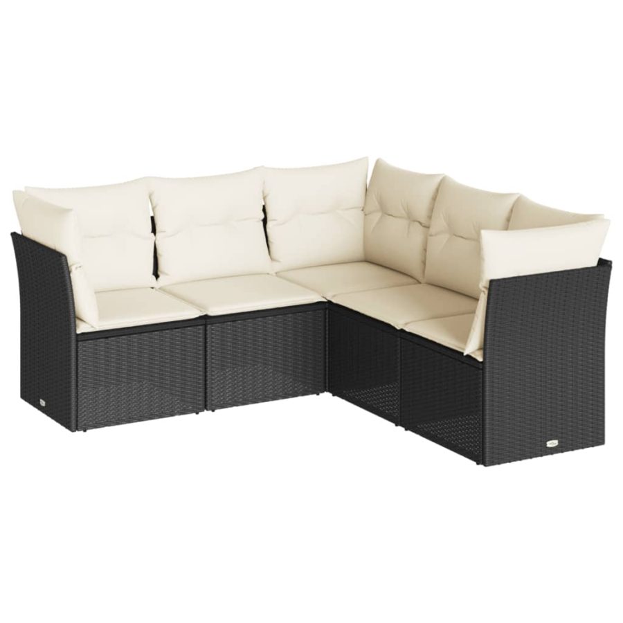 5-delige Loungeset met kussens poly rattan zwart - Afbeelding 2