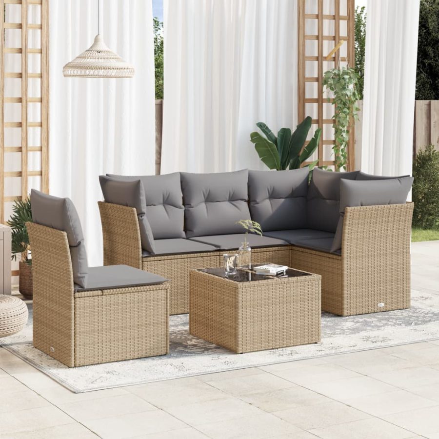 6-delige Loungeset met kussens poly rattan beige