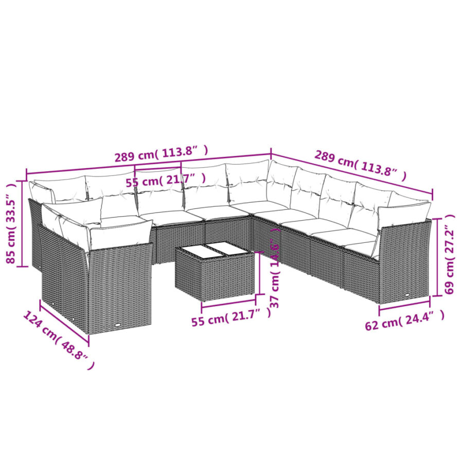 12-delige Loungeset met kussens poly rattan zwart - Afbeelding 7