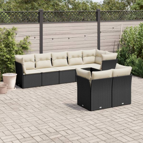 8-delige Loungeset met kussens poly rattan zwart