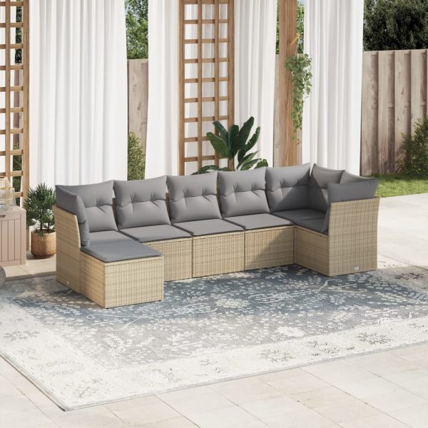 7-delige Loungeset met kussens poly rattan beige