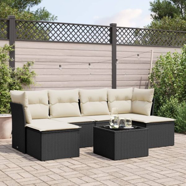 7-delige Loungeset met kussens poly rattan zwart