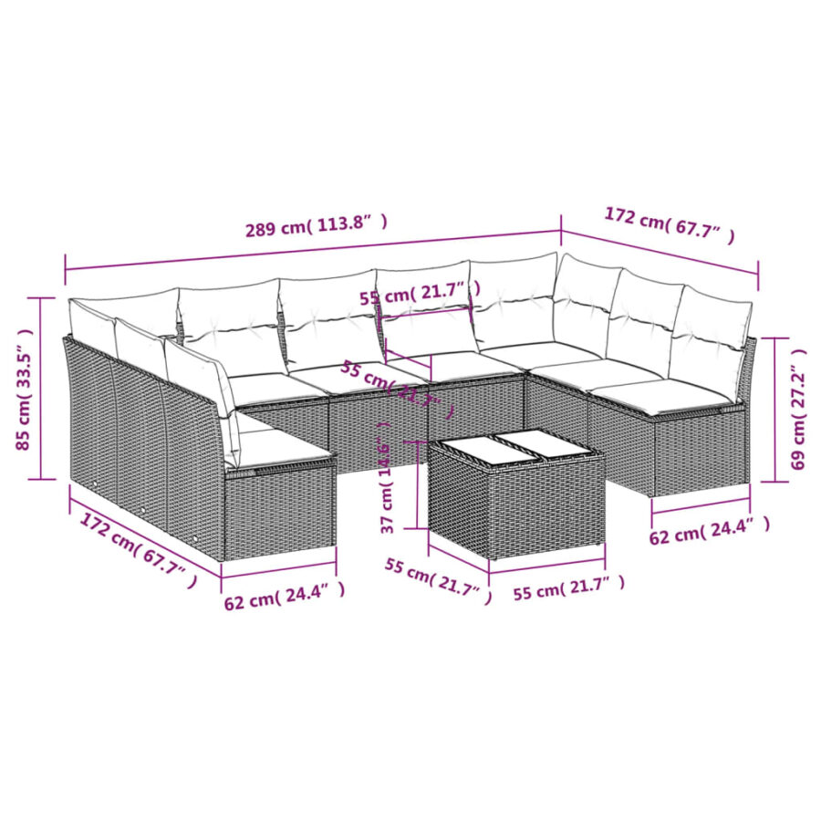 10-delige Loungeset met kussens poly rattan zwart - Afbeelding 7
