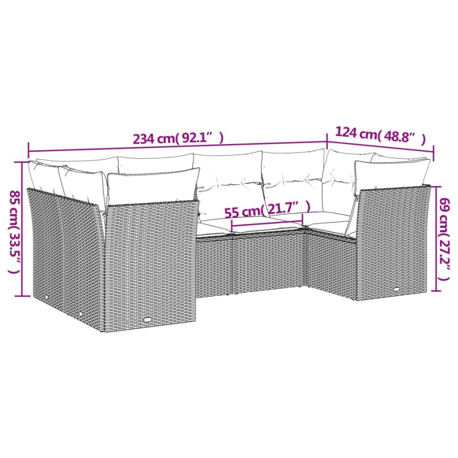 6-delige Loungeset met kussens poly rattan beige - Afbeelding 3