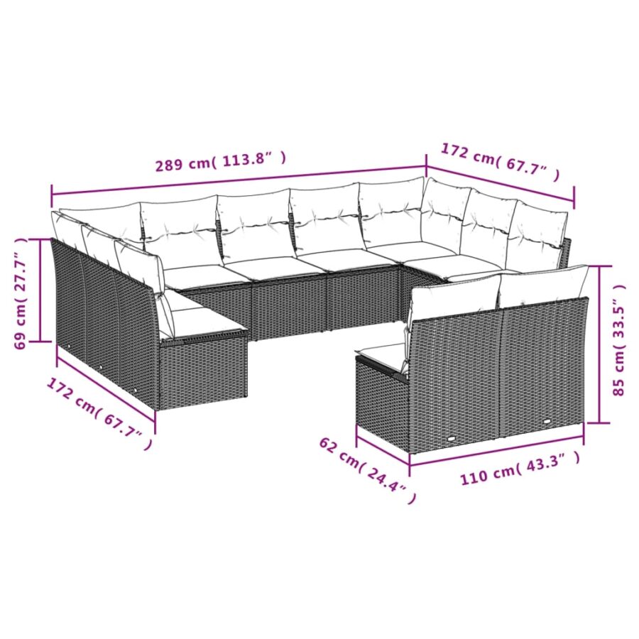11-delige Tuinset met kussens poly rattan beige - Afbeelding 3