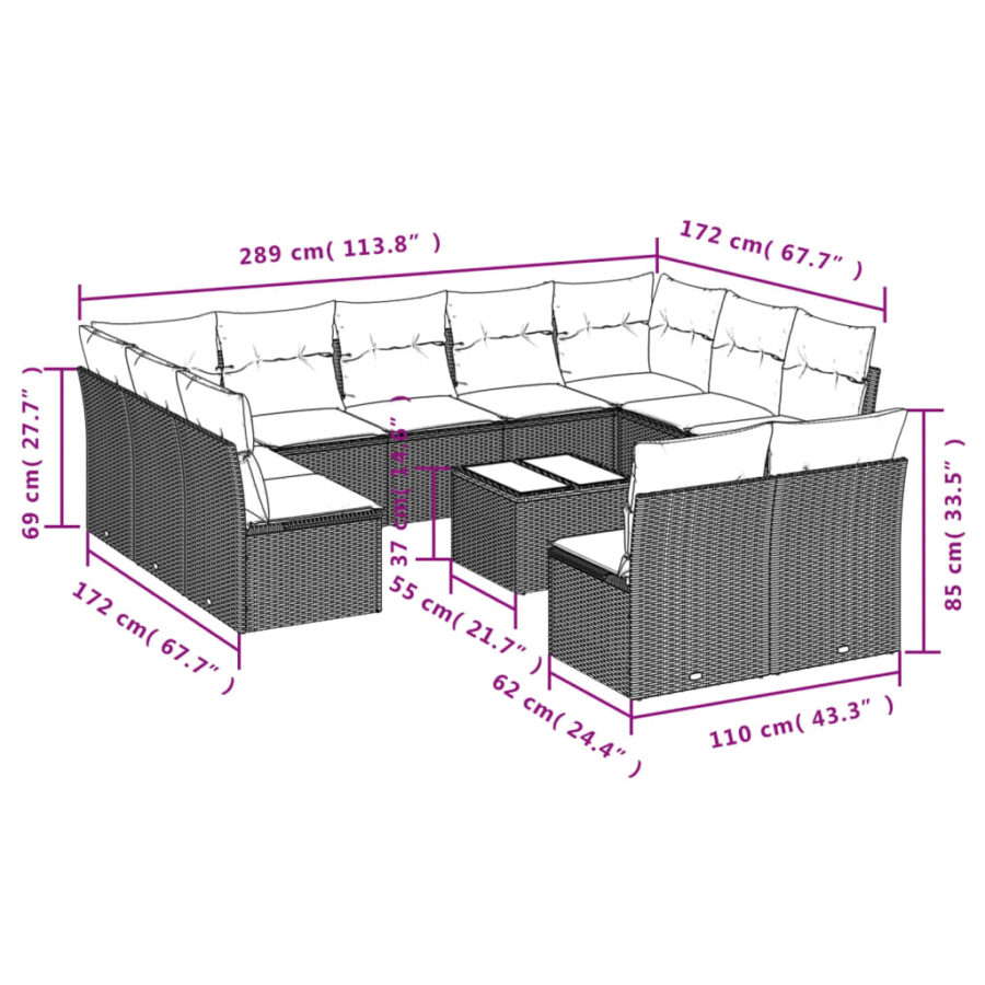 12-delige Loungeset met kussens poly rattan grijs - Afbeelding 3