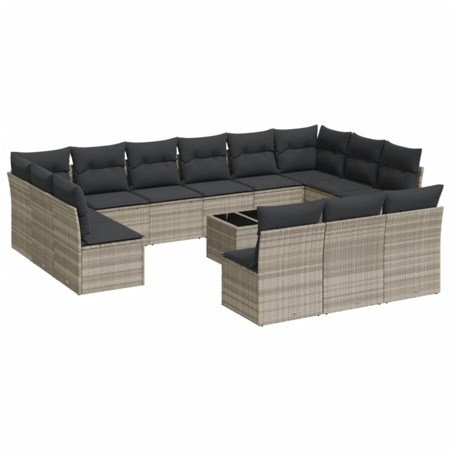 14-delige Loungeset met kussens poly rattan lichtgrijs - Afbeelding 2