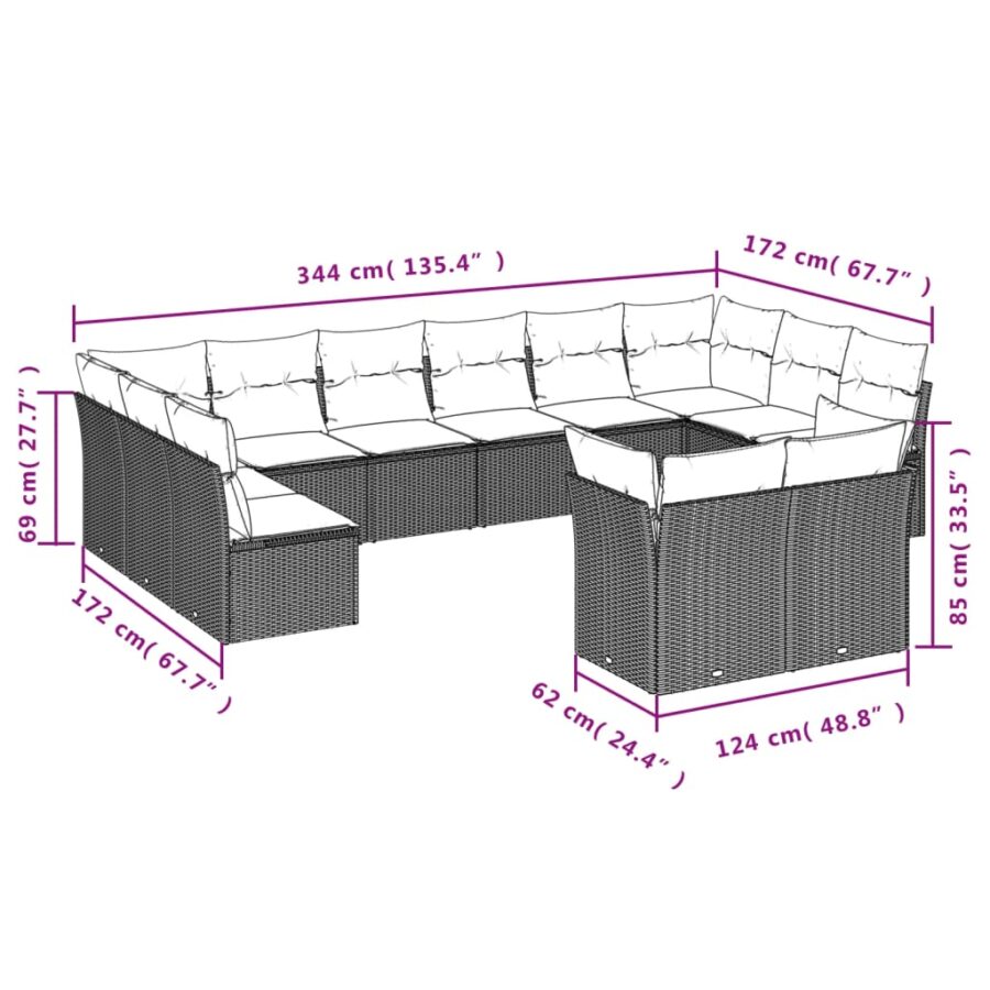12-delige Loungeset met kussens poly rattan grijs - Afbeelding 3