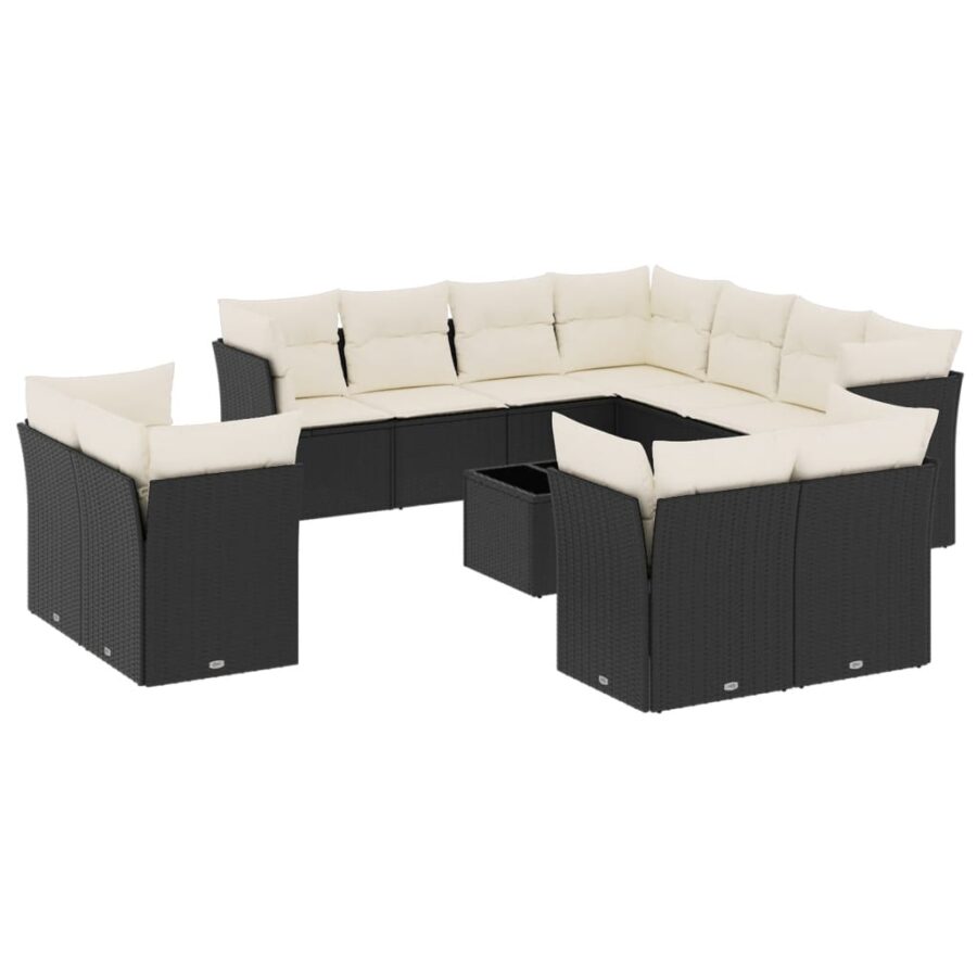 12-delige Loungeset met kussens poly rattan zwart - Afbeelding 2