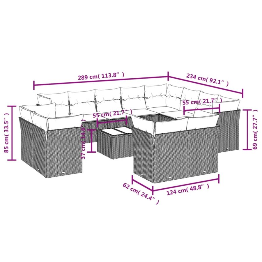 13-delige Loungeset met kussens poly rattan zwart - Afbeelding 3