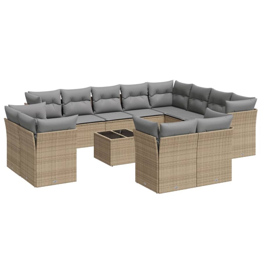 13-delige Loungeset met kussens poly rattan beige - Afbeelding 2