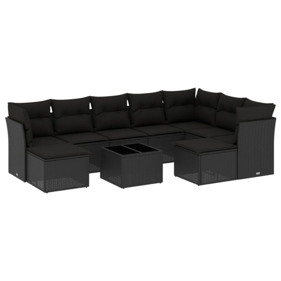 10-delige Loungeset met kussens poly rattan zwart - Afbeelding 2