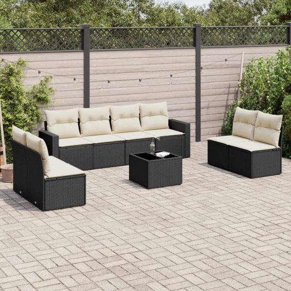 9-delige Loungeset met kussens poly rattan zwart