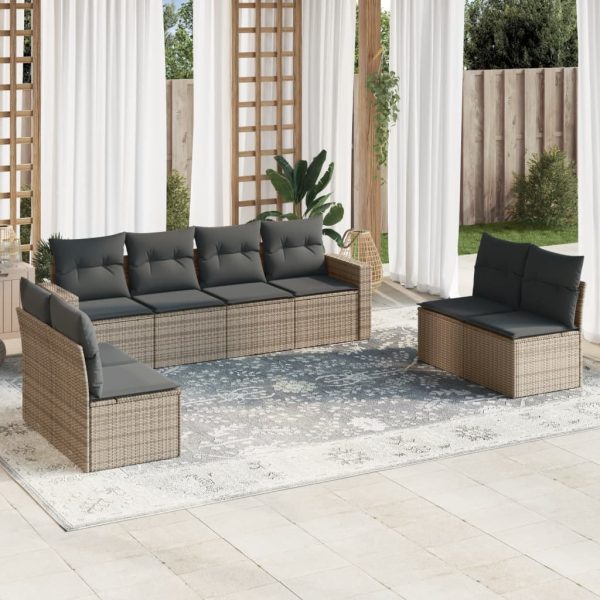 9-delige Loungeset met kussens poly rattan grijs