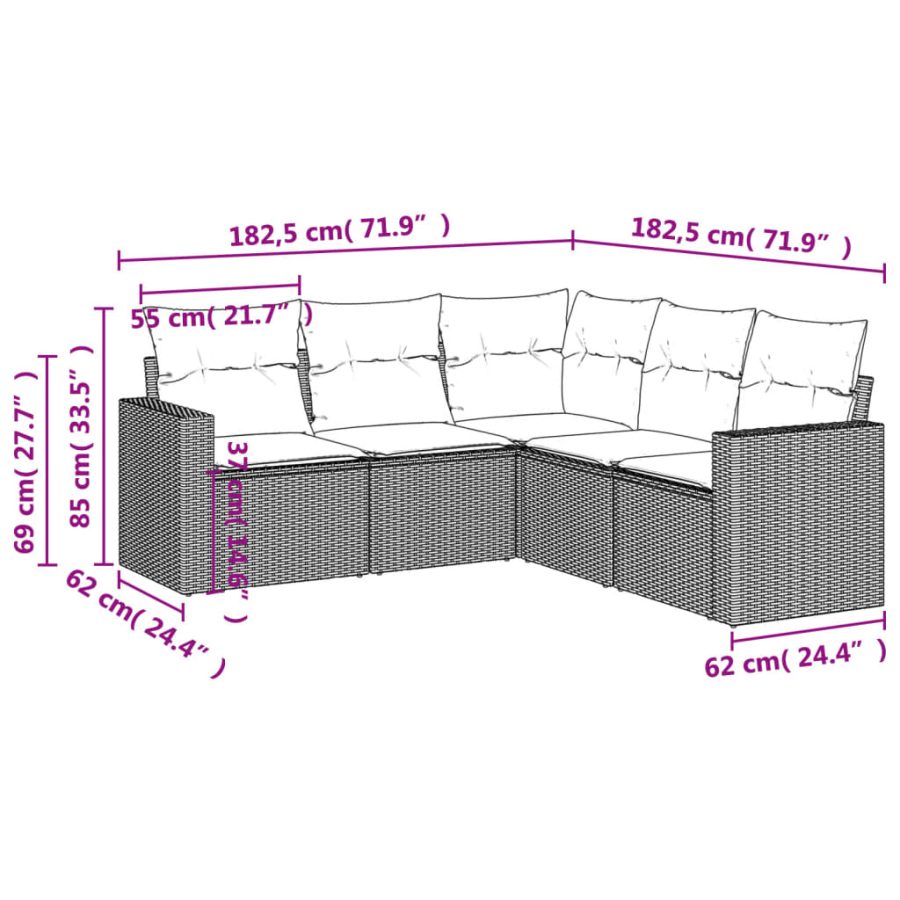 5-delige Loungeset met kussens poly rattan zwart - Afbeelding 7