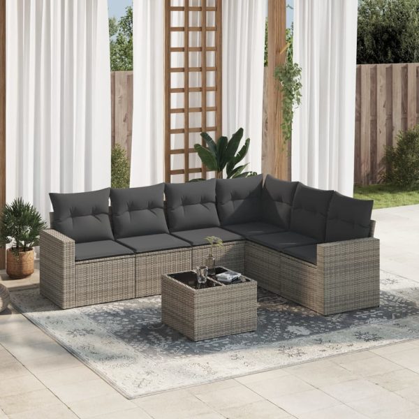 7-delige Loungeset met kussens poly rattan grijs