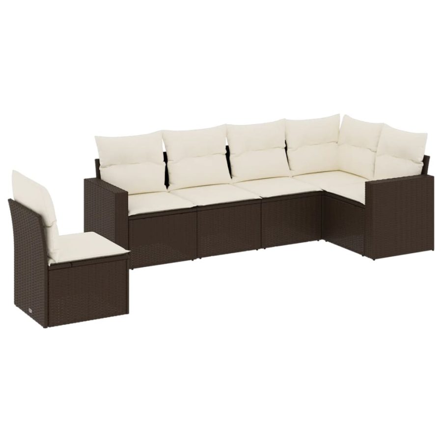 6-delige Loungeset met kussens poly rattan bruin - Afbeelding 2