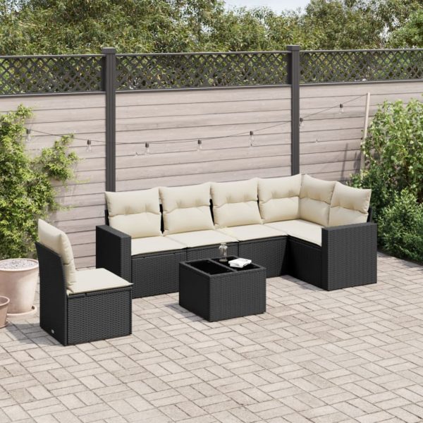 7-delige Loungeset met kussens poly rattan zwart