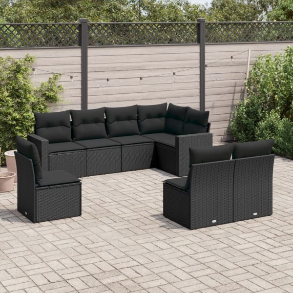 8-delige Loungeset met kussens poly rattan zwart