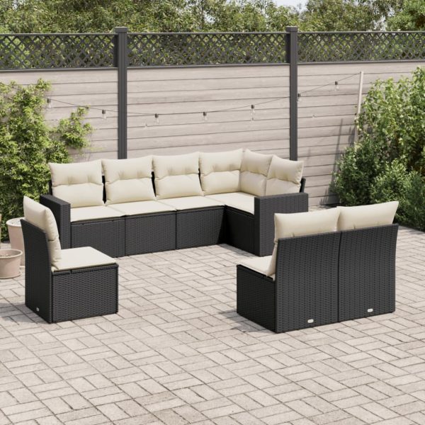 8-delige Loungeset met kussens poly rattan zwart