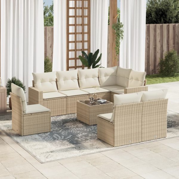 9-delige Loungeset met kussens poly rattan beige